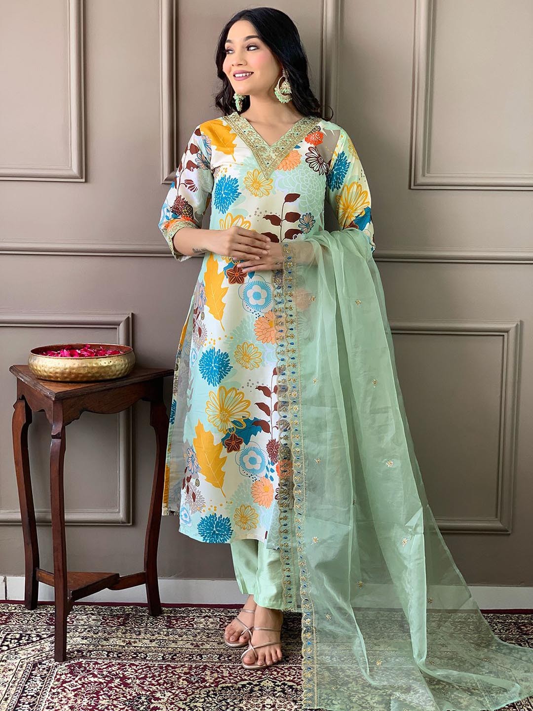 

KALINI Floral Printed Regular Zari Kurta ,Trousers & Dupatta, Turquoise blue