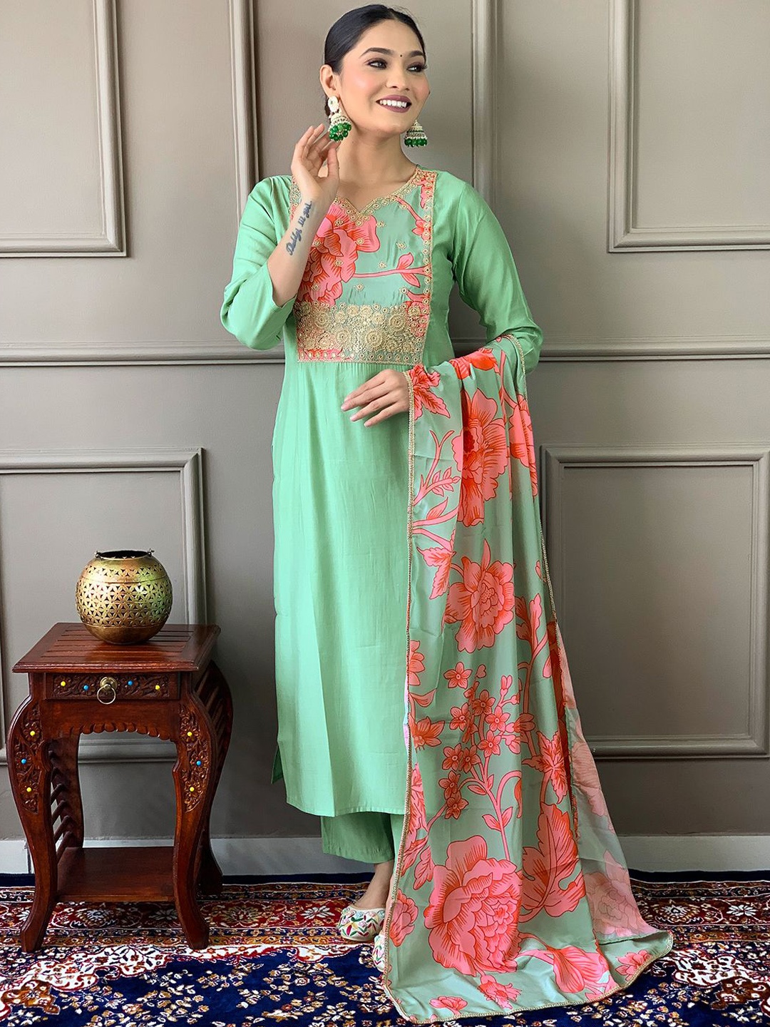 

KALINI Floral Embroidered Chanderi Cotton Straight Kurta With Trousers & Dupatta, Green