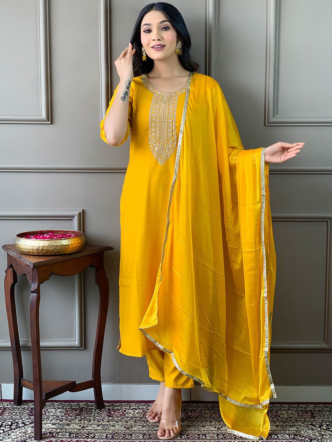 

KALINI Floral Yoke Design Regular Thread Work Kurta ,Trousers & Dupatta, Mustard