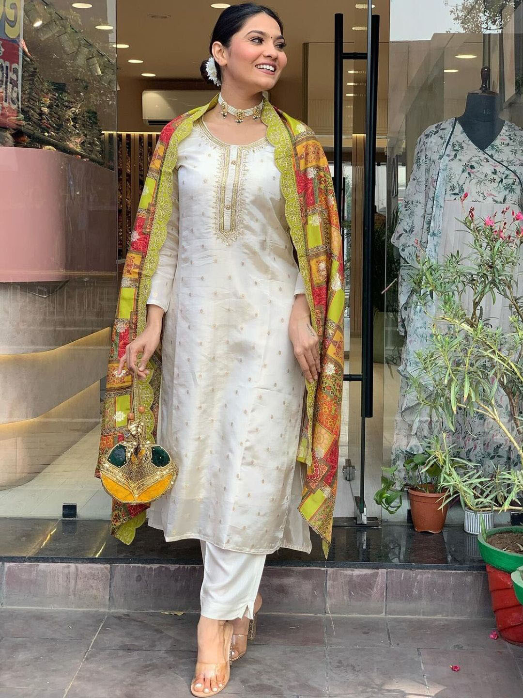

KALINI Ethnic Motifs Embroidered Sequinned Straight Kurta With Trousers & Dupatta, Cream