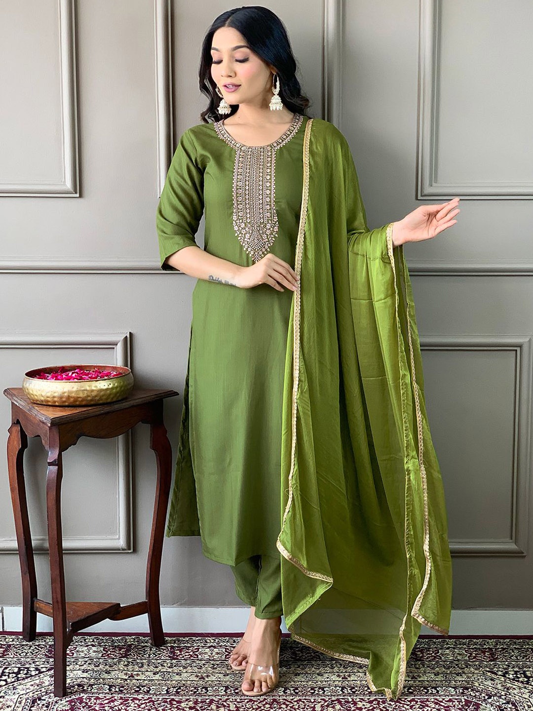 

KALINI Floral Embroidered Thread Work Straight Kurta With Trousers & Dupatta, Green