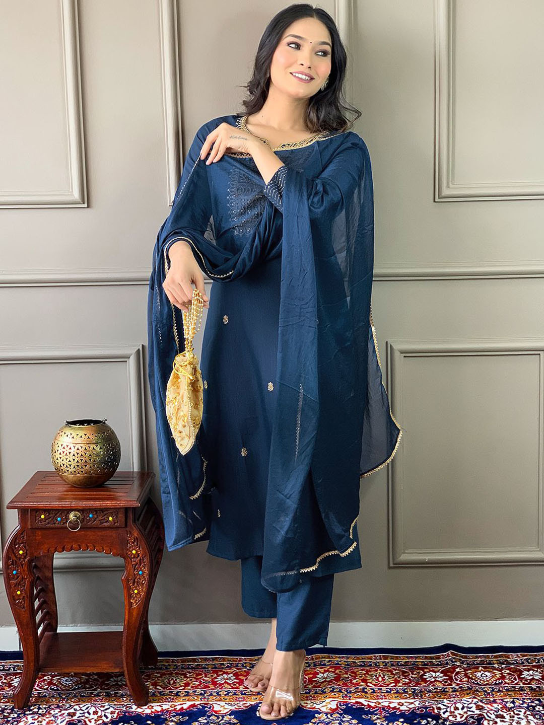 

KALINI Floral Embroidered Thread Work Kurta with Trousers & Dupatta, Blue