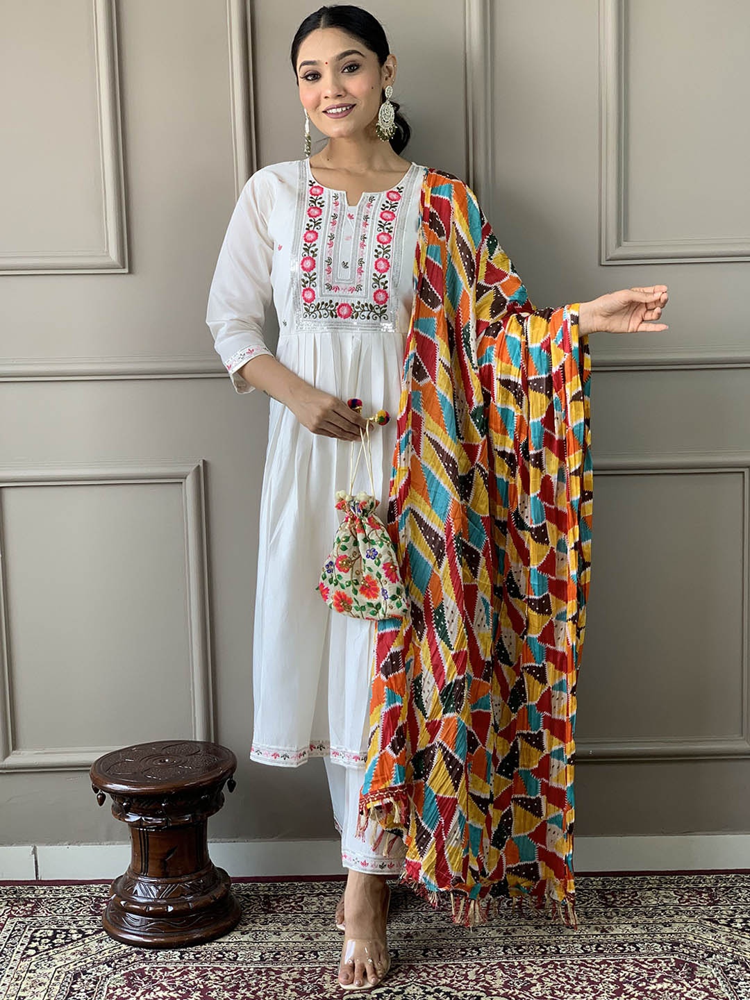 

KALINI Floral Yoke Design Regular Thread Work Kurta ,Trousers & Dupatta, White