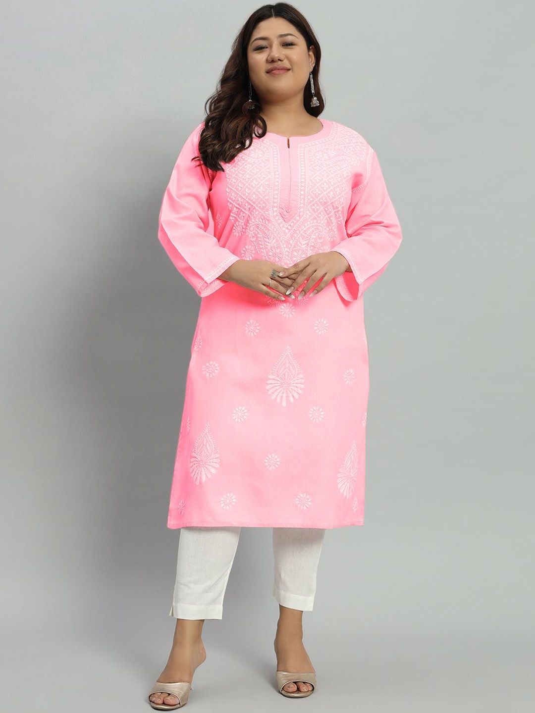 

Indiankala4u Floral Embroidered Notch Neck Chikankari Linen Straight Kurta, Pink