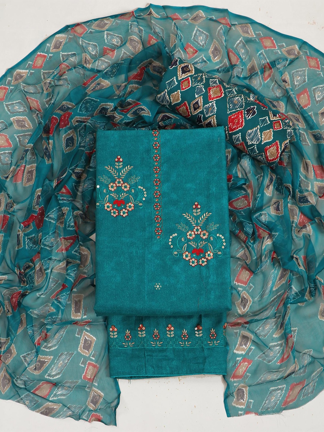 

Panzora Floral Embroidered Sequinned Unstitched Dress Material, Teal