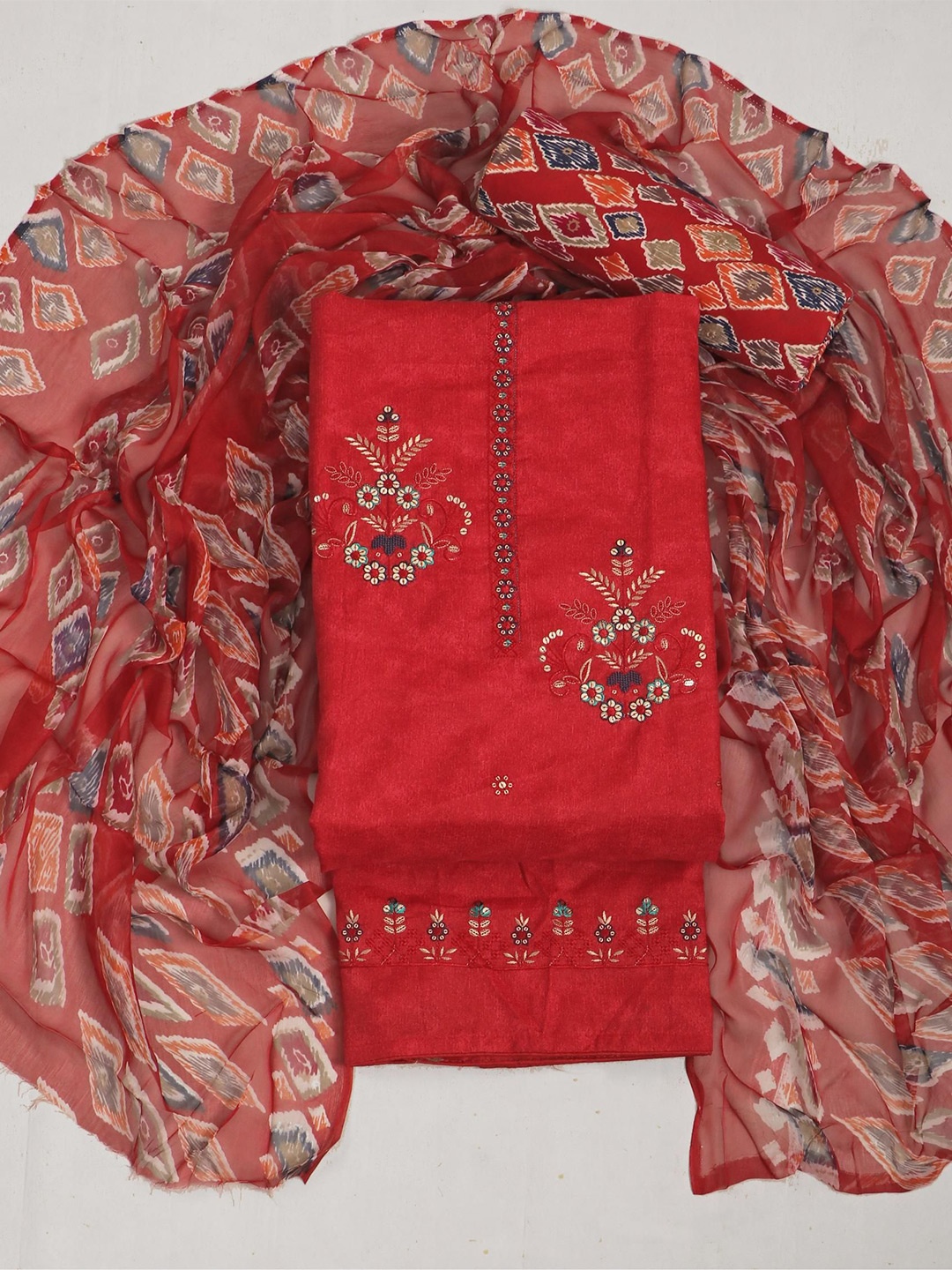

Panzora Embroidered Unstitched Dress Material, Red