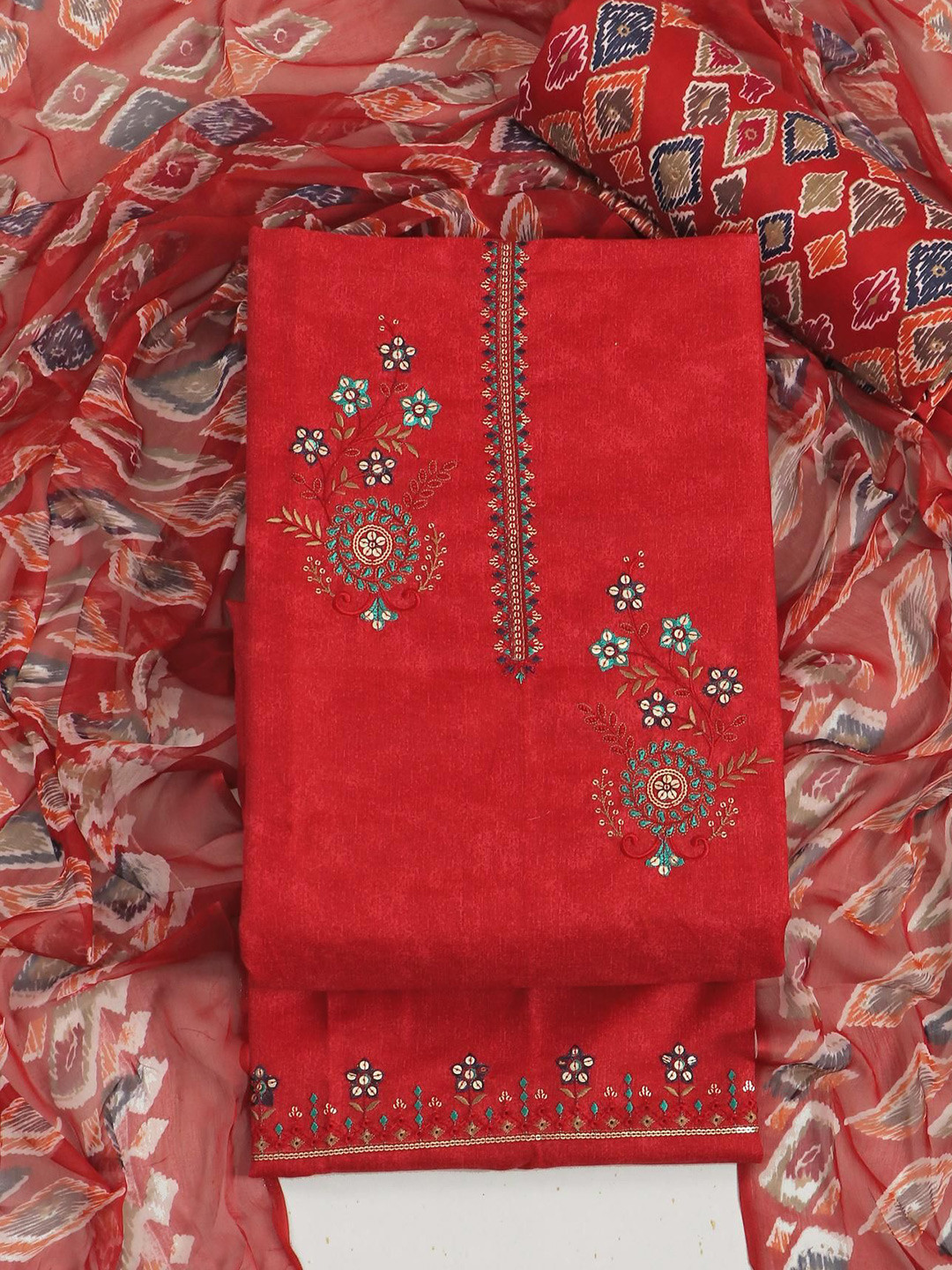 

Panzora Floral Embroidered Sequinned Unstitched Dress Material, Red