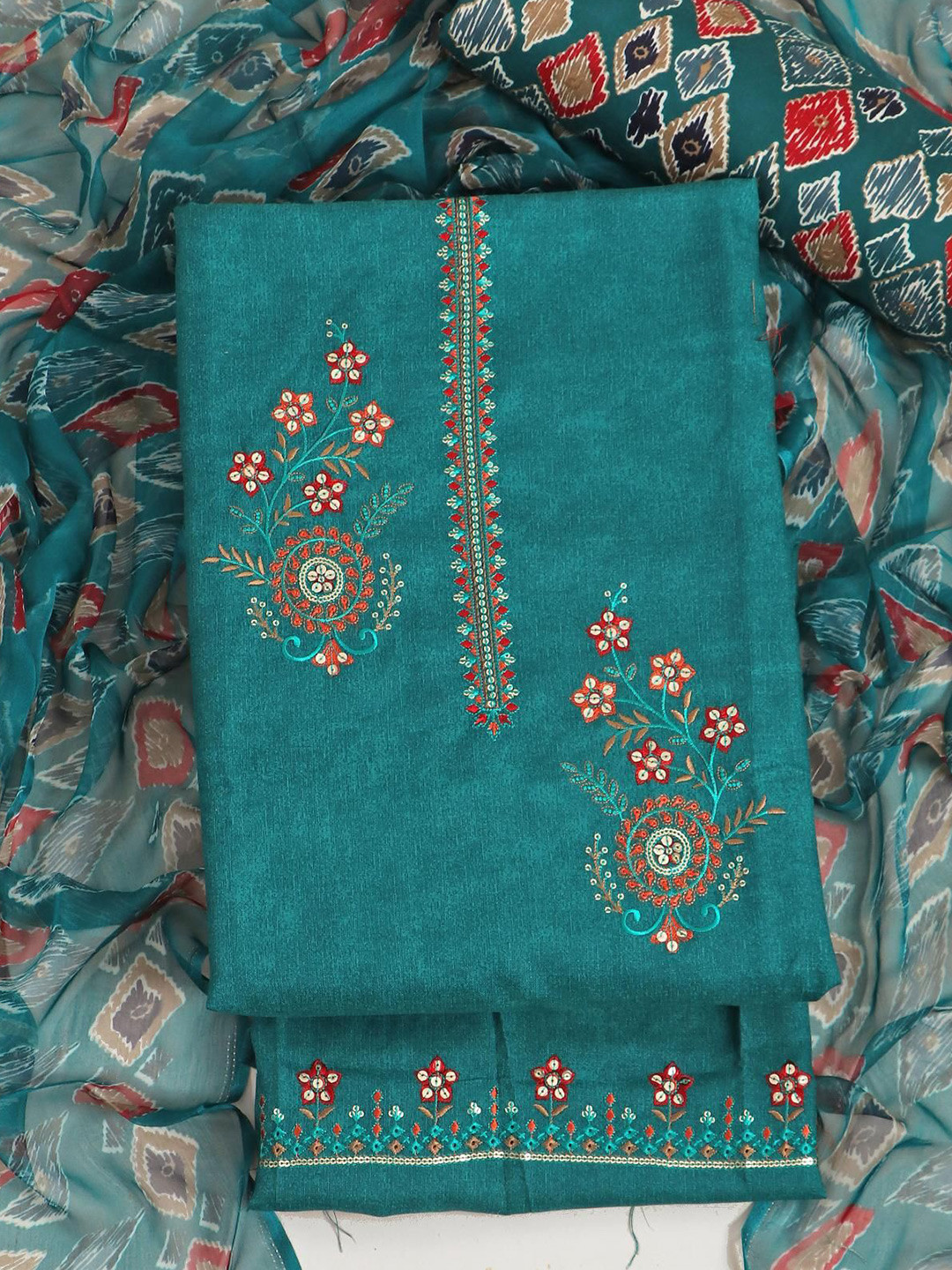 

Panzora Embroidered Unstitched Dress Material, Teal