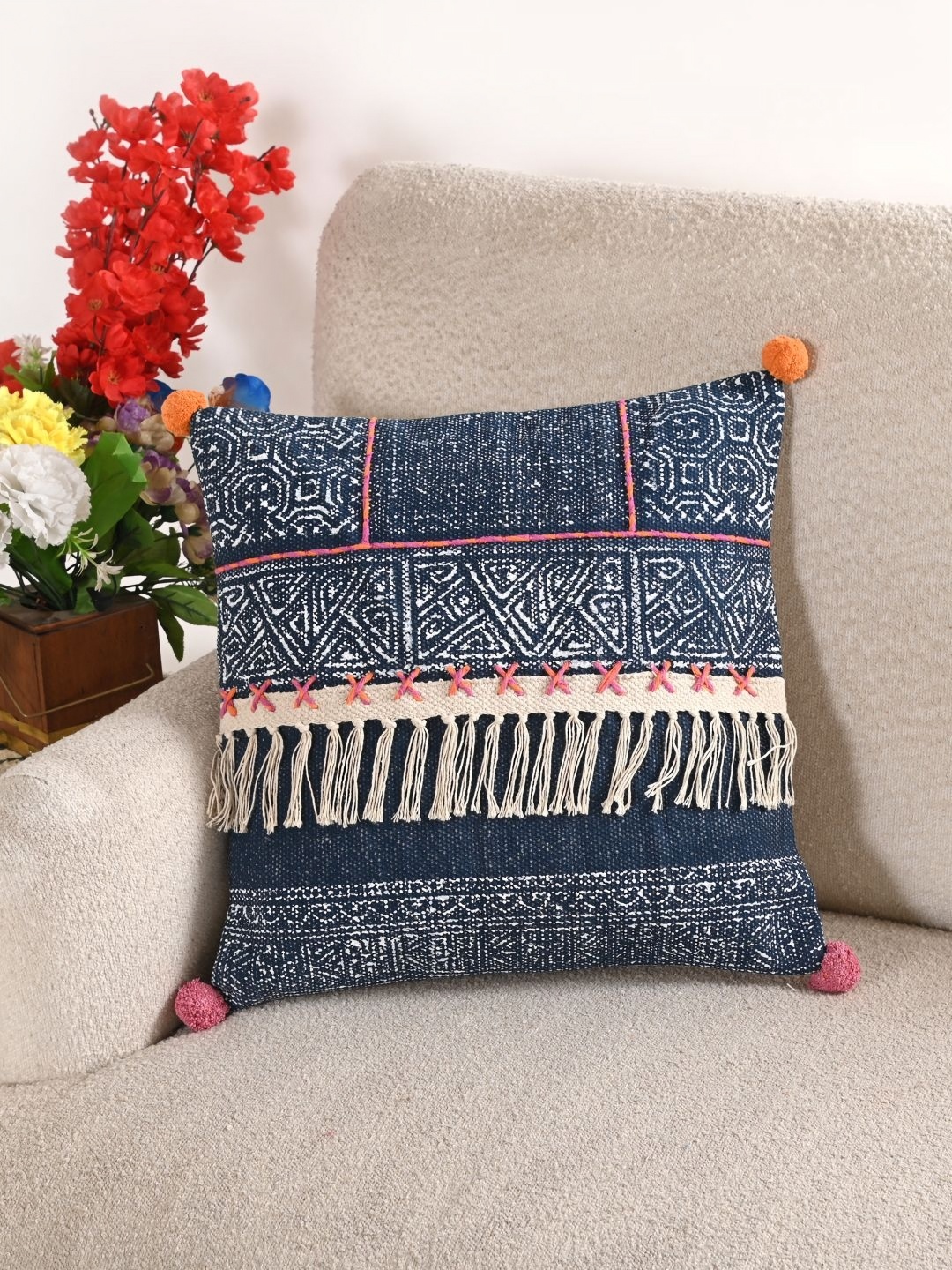 

Art Avenue White & Blue Geometric Embroidered Cotton Square Cushion Cover