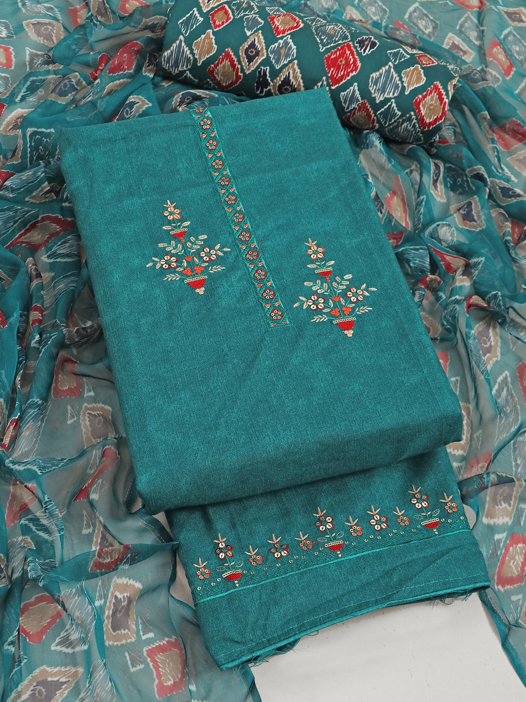 

Panzora Embroidered Unstitched Dress Material, Teal
