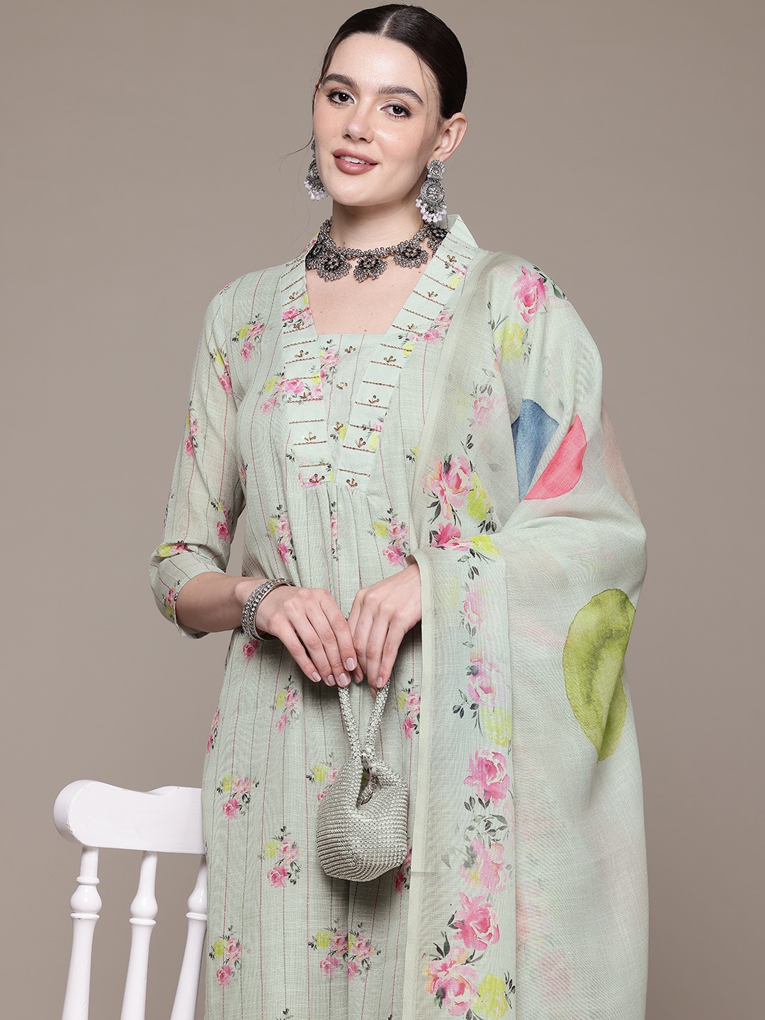 

Readiprint Floral Printed Sequinned Pure Cotton Kurta Set, Sea green