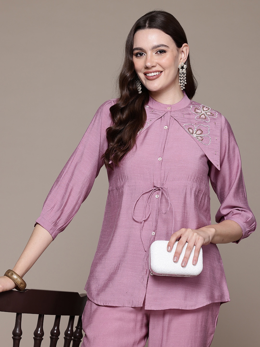 

Readiprint Embellished Pure Silk Top With Trousers, Mauve