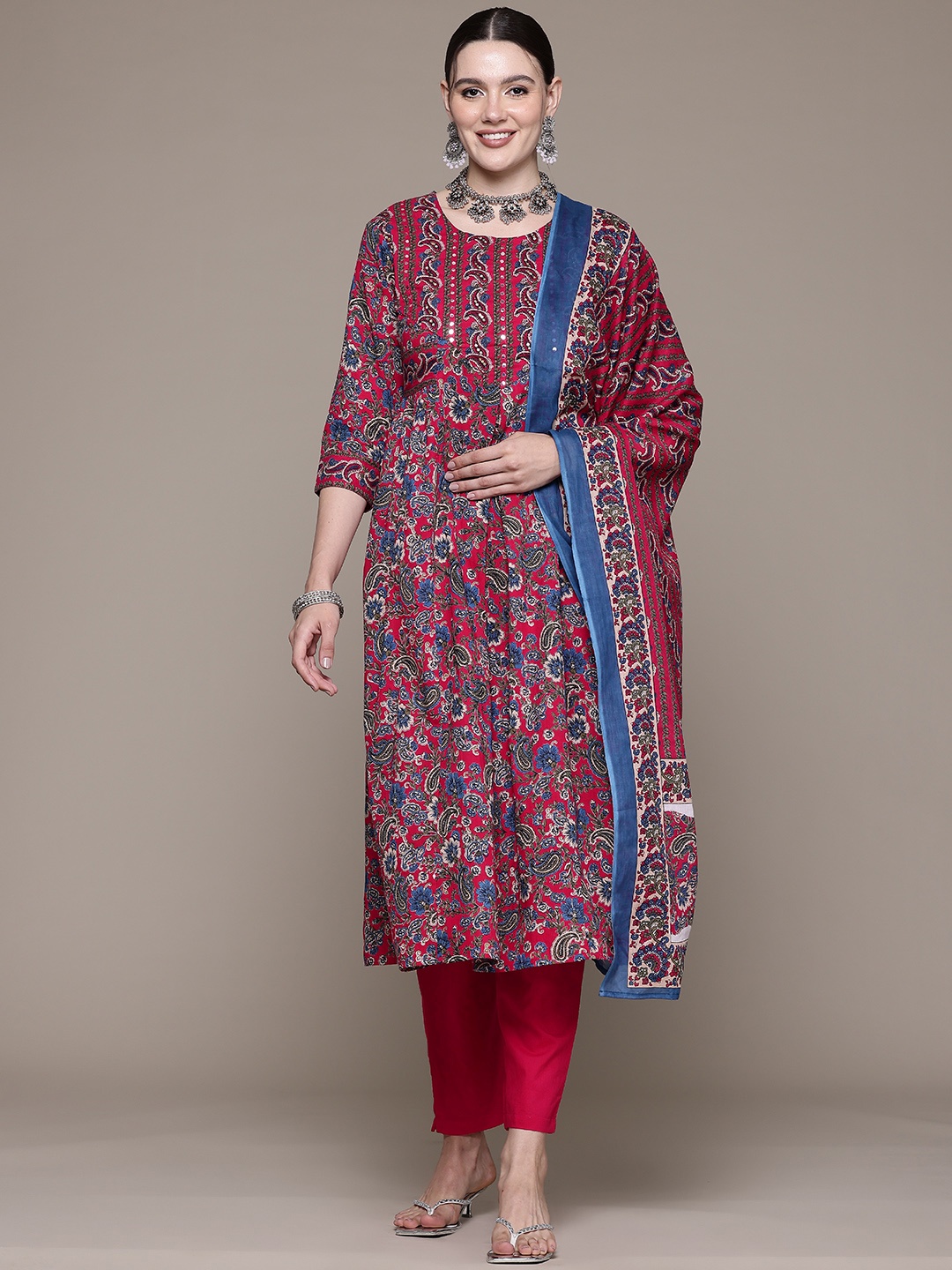 

Readiprint Paisley Printed Pleated Sequinned Pure Cotton Kurta Set, Magenta