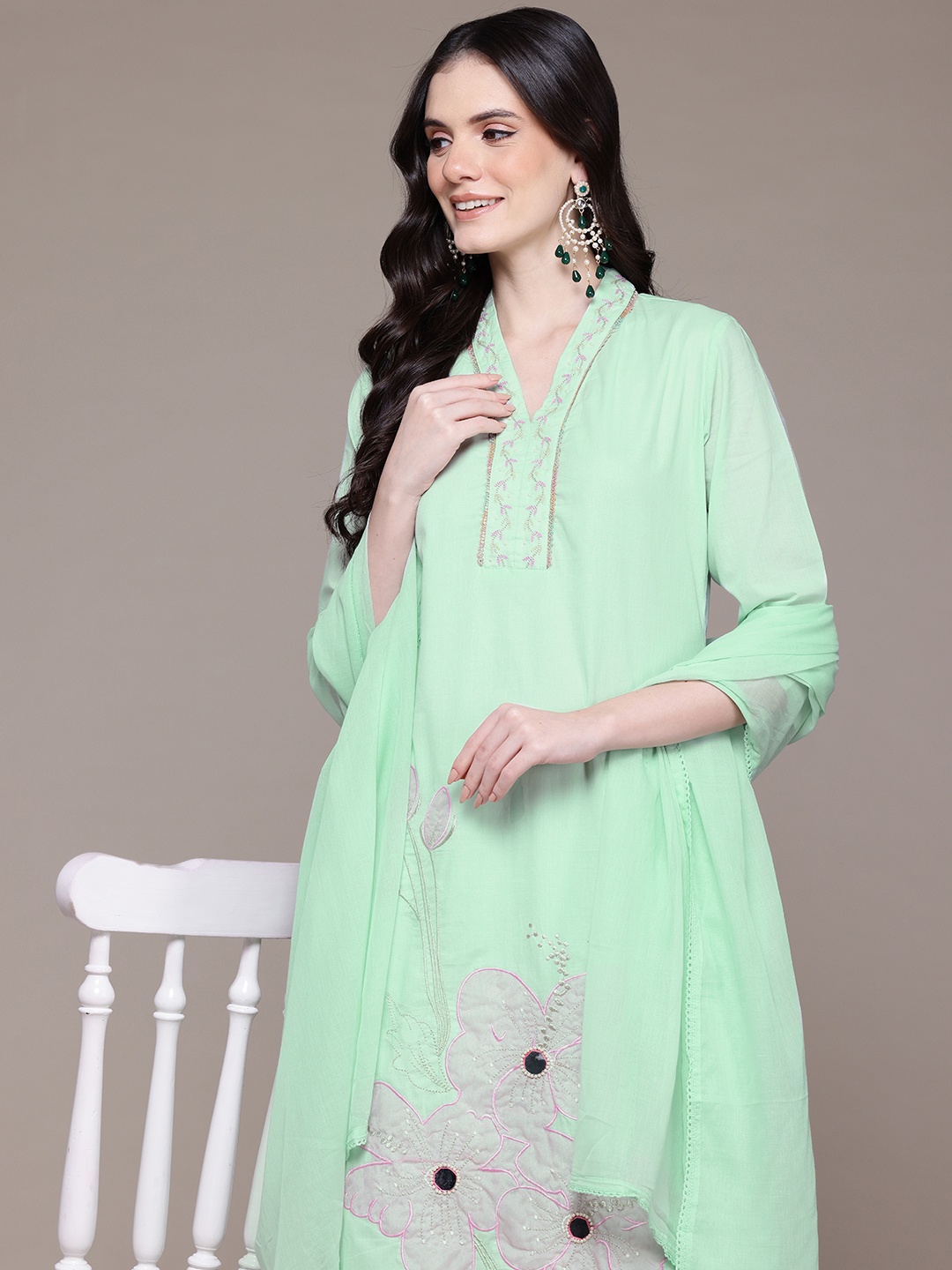 

Readiprint Fashions Floral Embroidered Patchwork Pure Cotton Kurta with Palazzos & Dupatta, Sea green