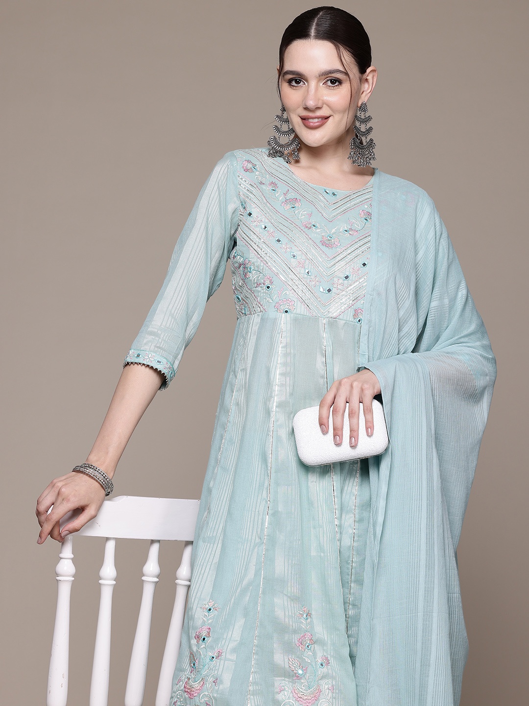 

Readiprint Fashions Women Floral Embroidered Empire Kurta with Palazzos & With Dupatta, Blue