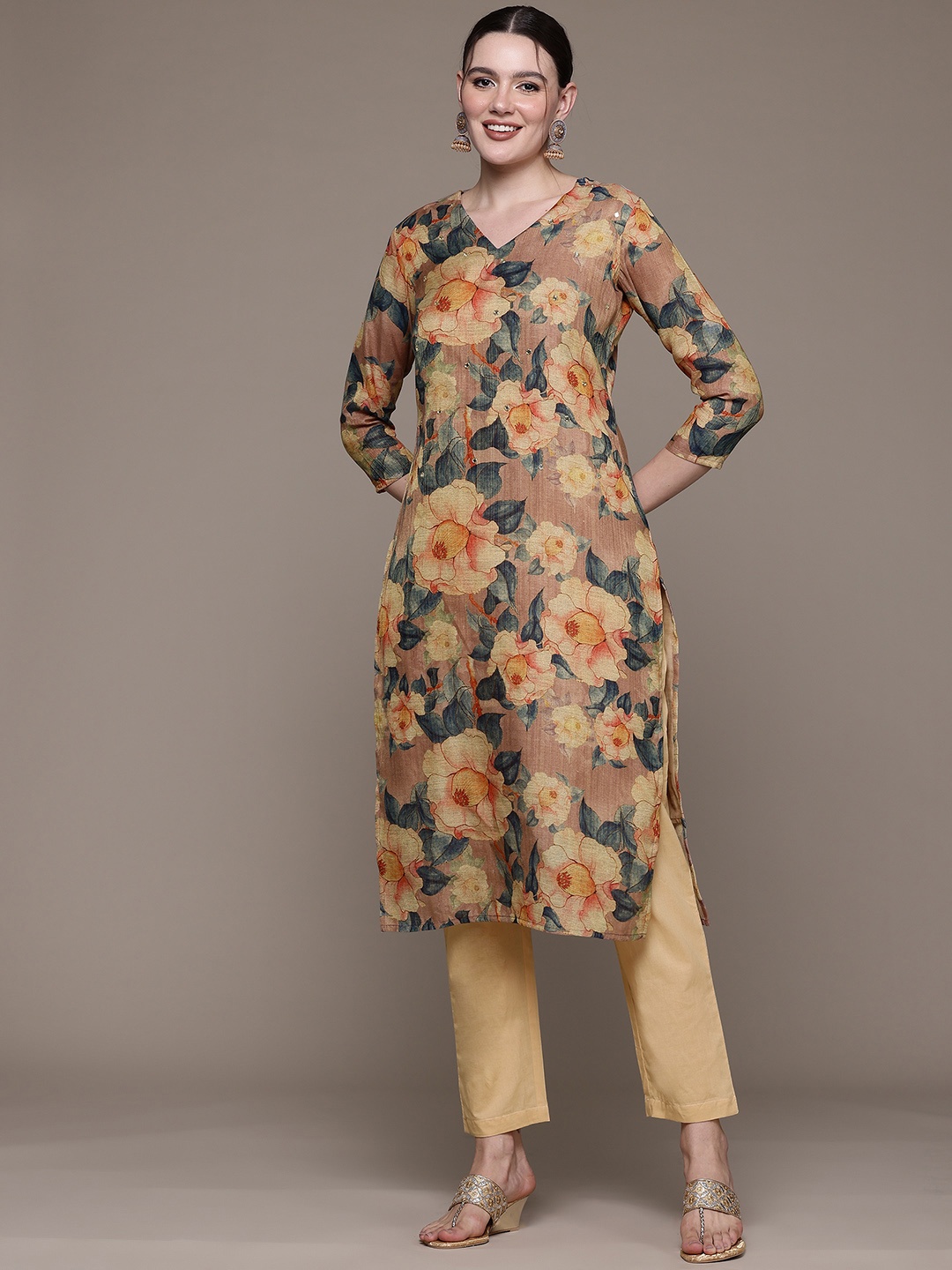 

Readiprint Floral Printed Sequinned Linen Kurta With Trousers, Multi