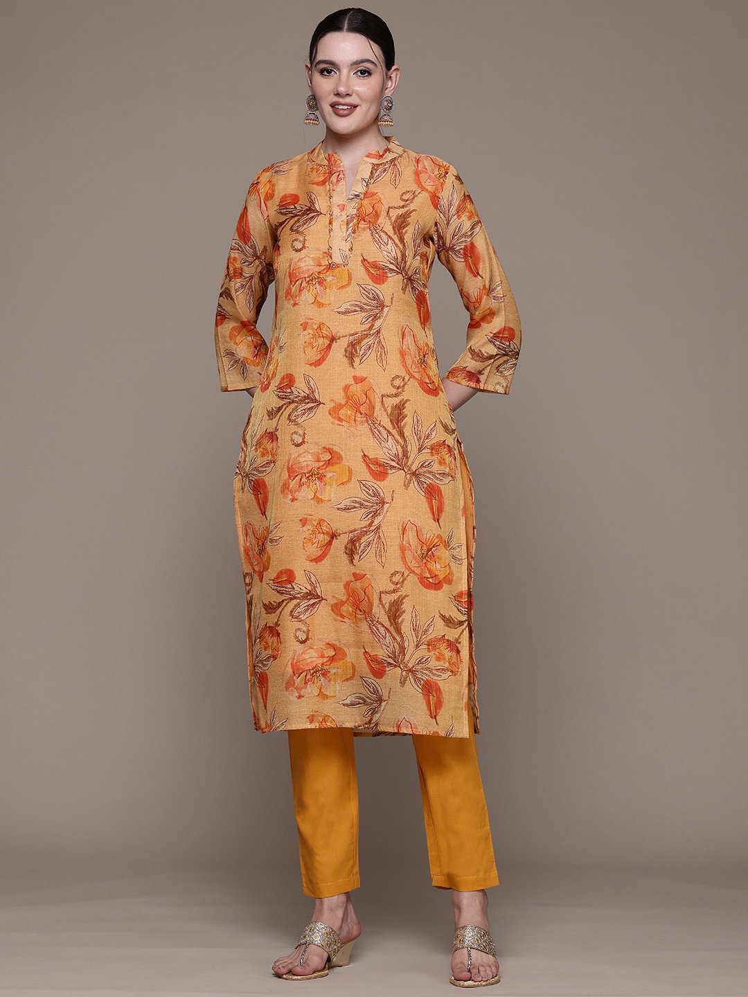 Readiprint Floral Printed Beads & Stones Linen Kurta With Trousers, Orange