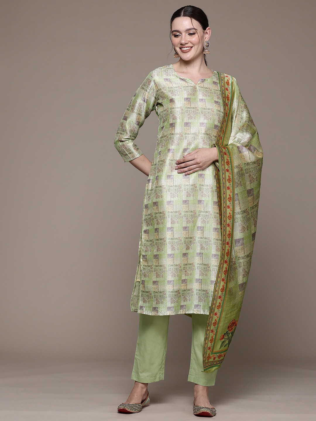 Readiprint Printed Sequinned Pure Silk Kurta Set, Green