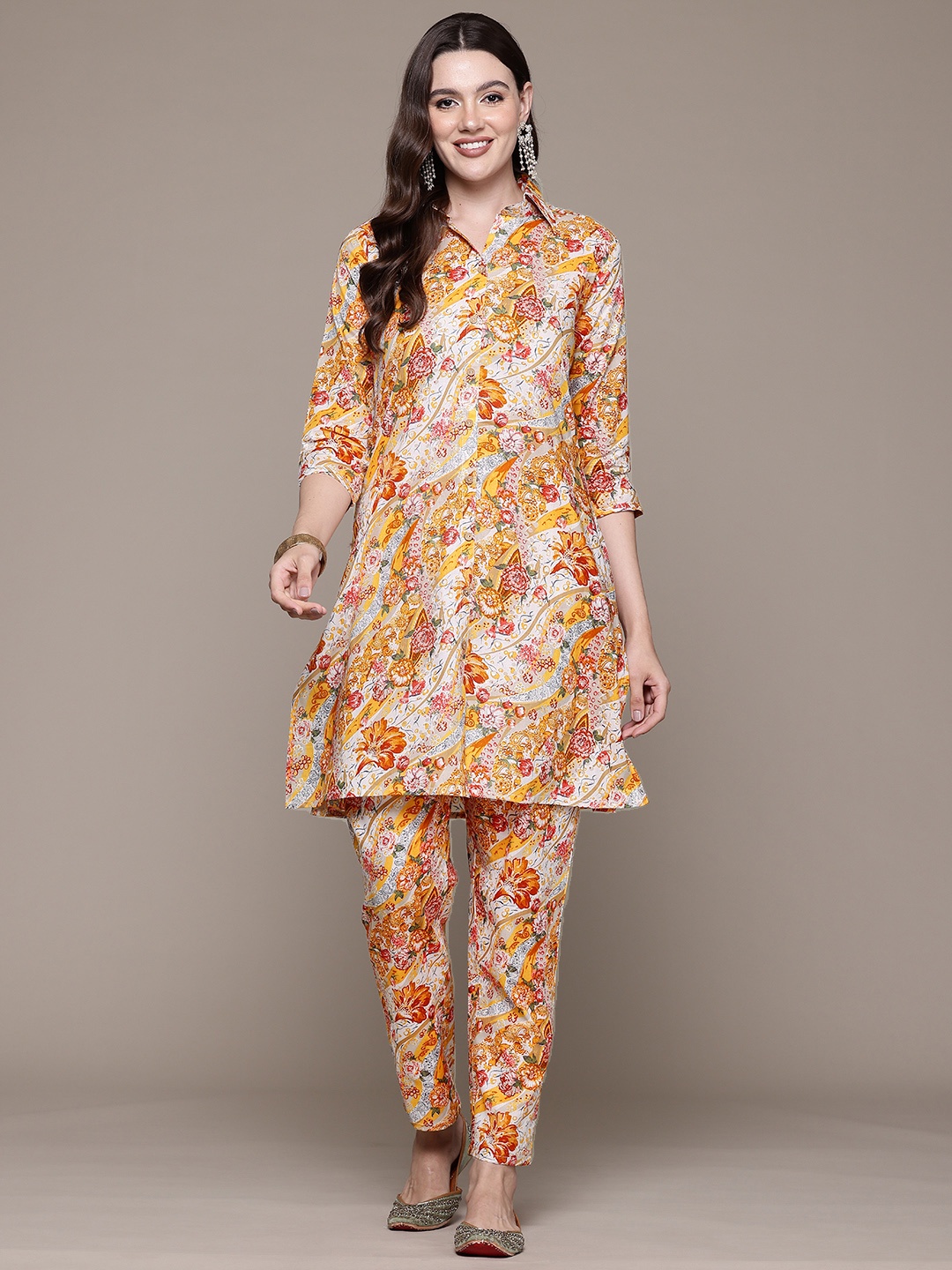 

Readiprint Floral Printed Pure Cotton Tunic With Trousers, Yellow