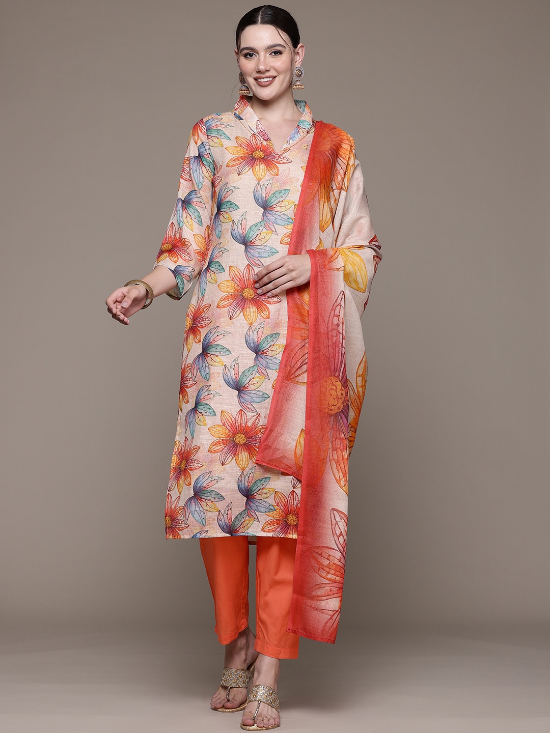 

Readiprint Floral Printed Sequinned Pure Cotton Kurta Set, Beige