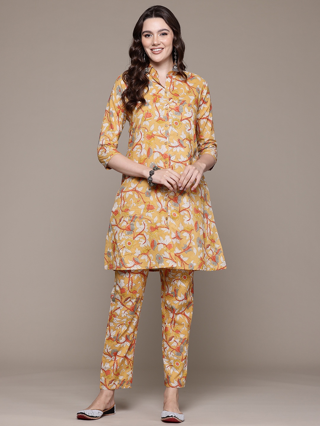Readiprint Floral Printed Pure Cotton Tunic With Trousers, Mustard