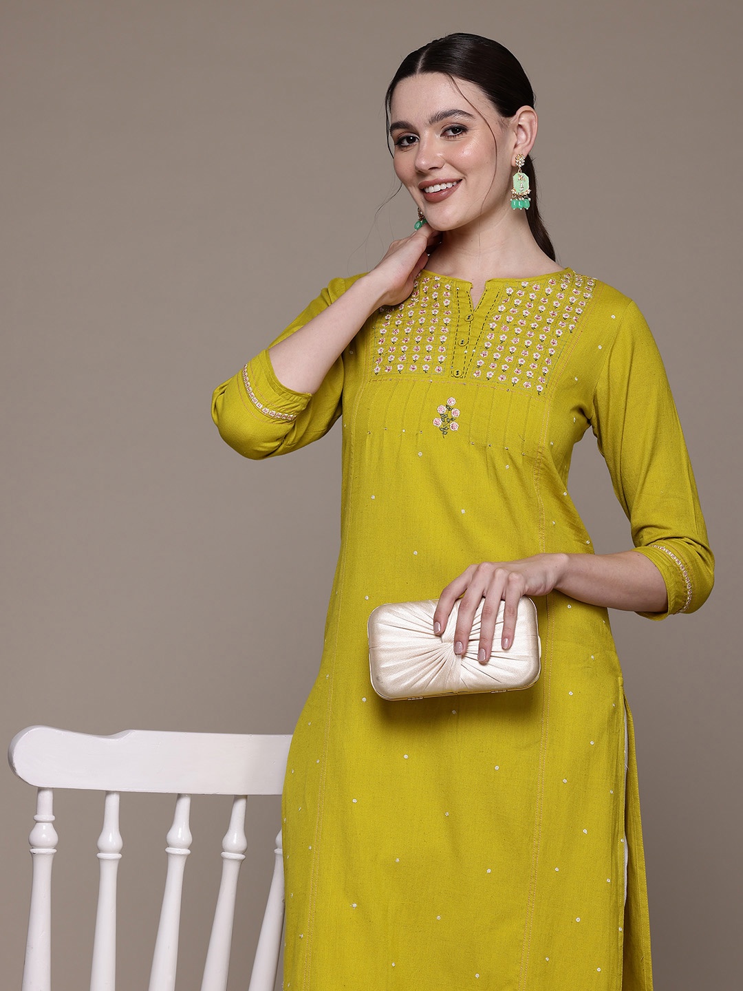 

Readiprint Fashions Floral Embroidered Thread Work Pure Cotton Kurta With Trousers, Mustard