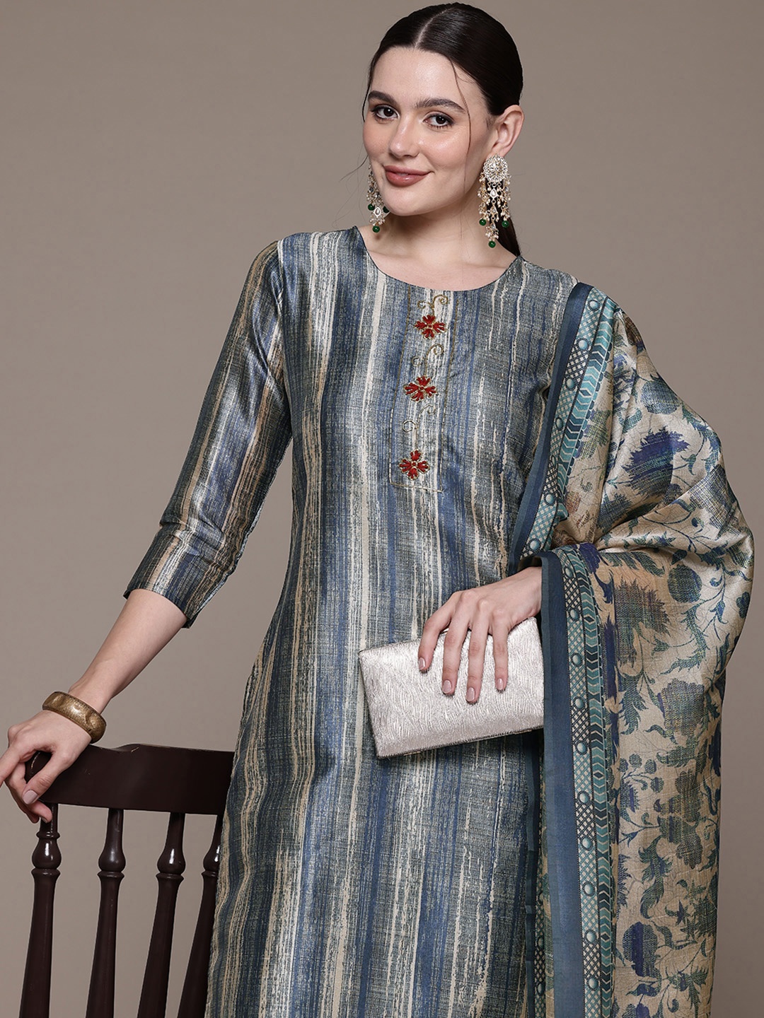 

Readiprint Printed Beads & Stones Pure Silk Kurta With Trousers & Dupatta, Teal