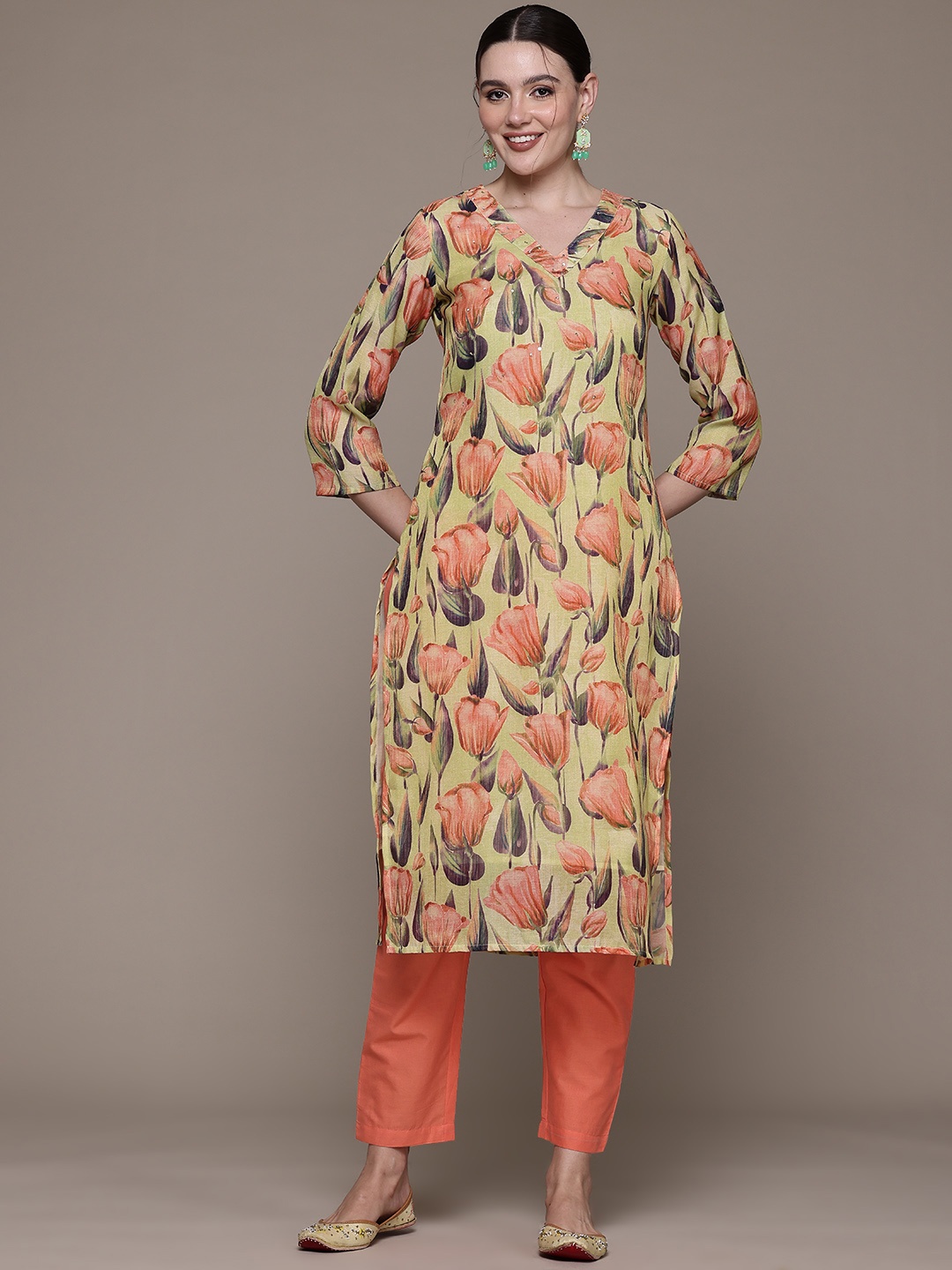 

Readiprint Floral Printed Sequinned Linen Kurta with Trousers, Olive