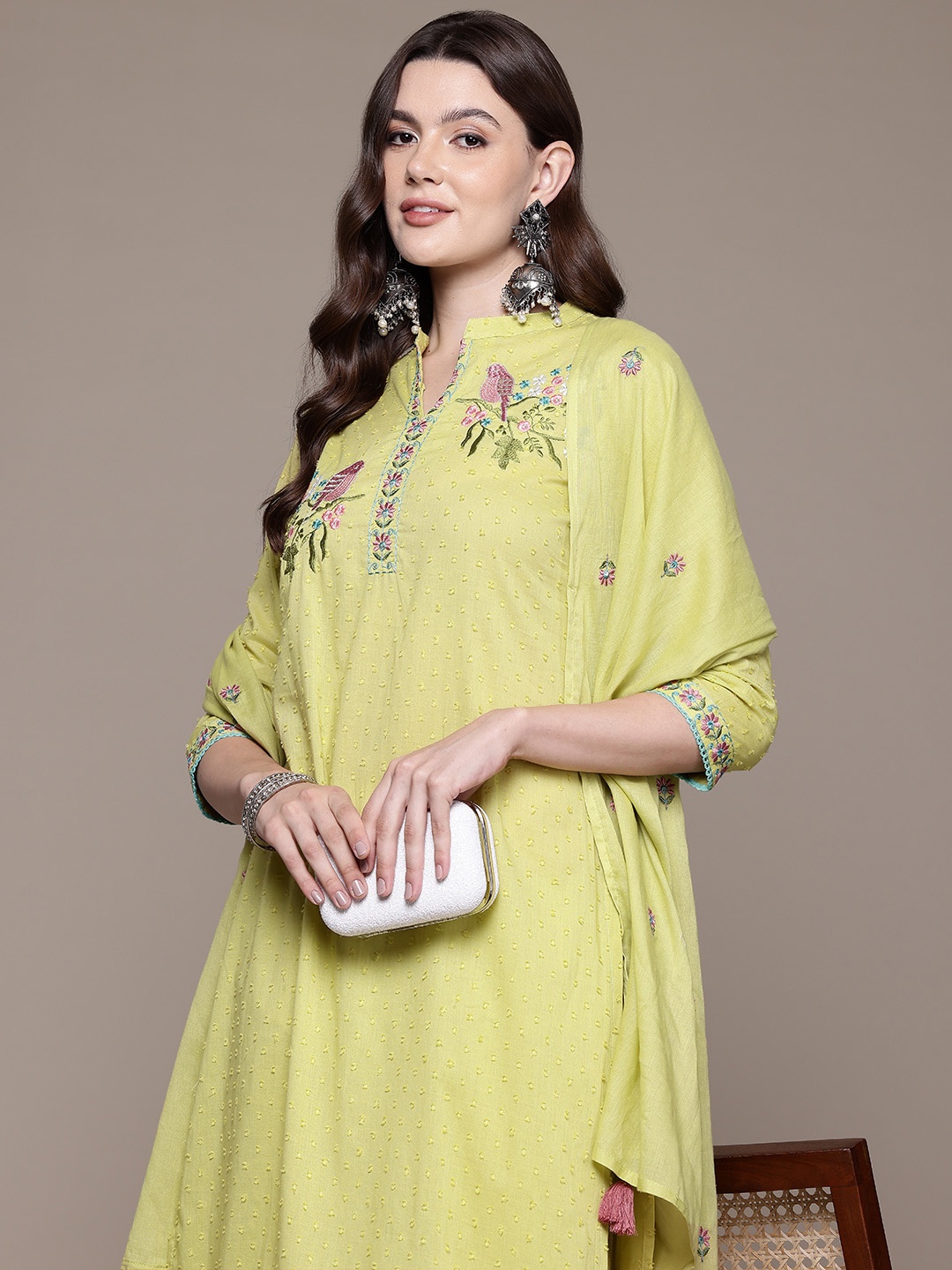 Readiprint Floral Thread Work Pure Cotton Kurta With Trousers & Dupatta, Olive