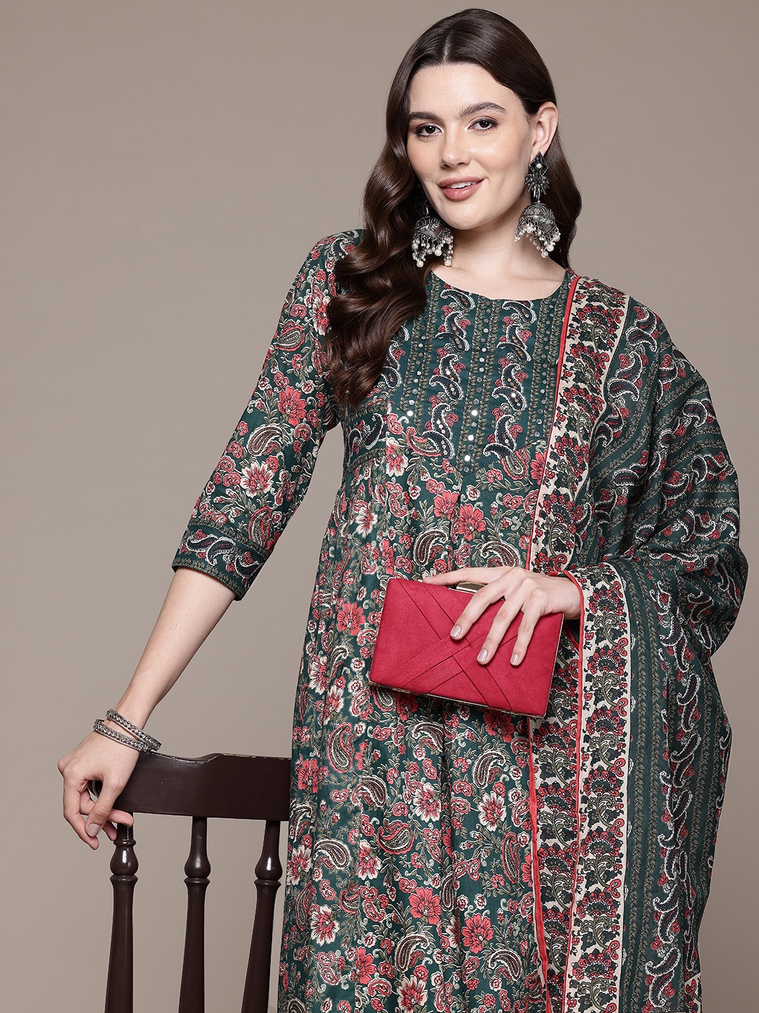 Readiprint Paisley Printed Pleated Sequinned Pure Cotton Kurta Set, Green