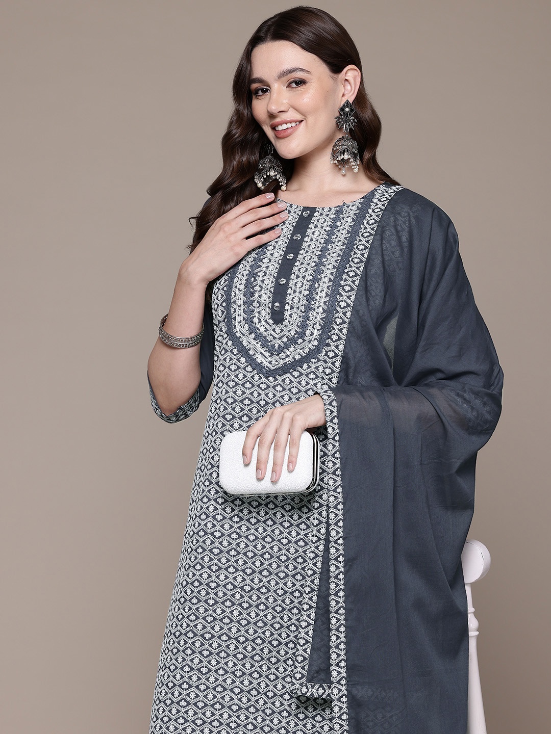 

Readiprint Ethnic Motifs Embroidered Thread Work Pure Cotton Kurta Set, Grey