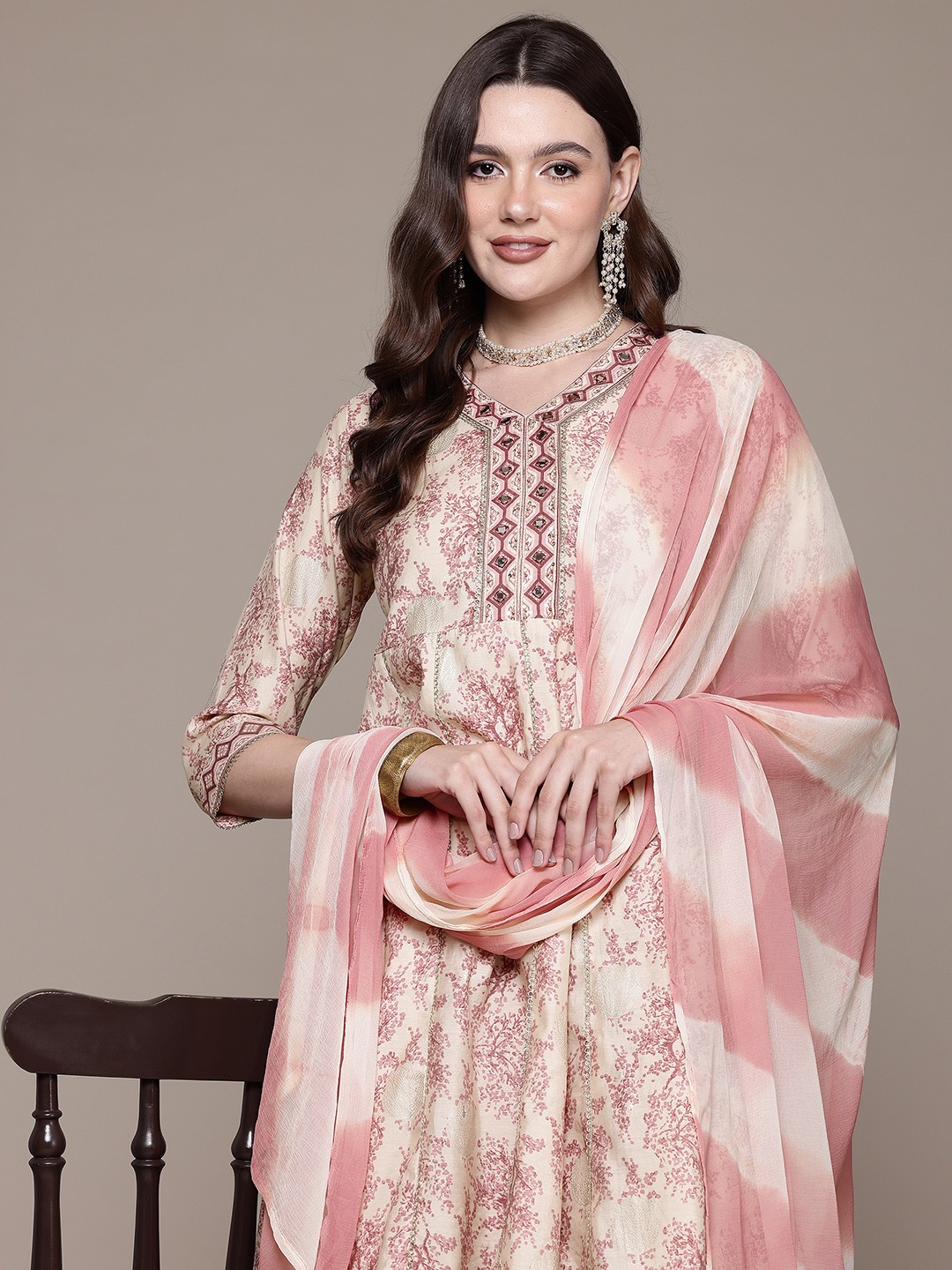 

Readiprint Fashions Floral Printed Pleated Mirror Work Pure Cotton Kurta Set, Mauve