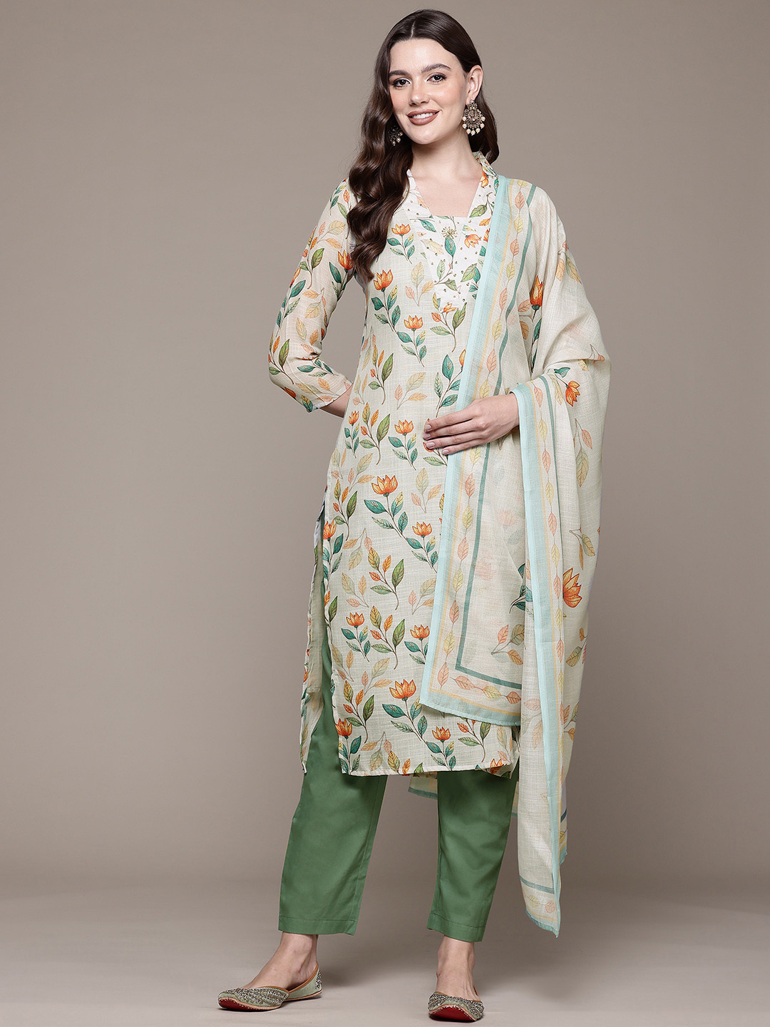 

Readiprint Floral Printed Sequinned Pure Cotton Kurta With Trousers & Dupatta, Multi
