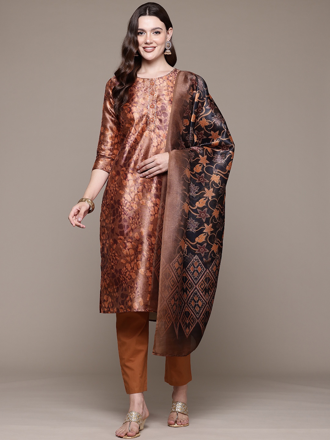 

Readiprint Floral Printed Sequinned Pure Silk Kurta With Trousers & Dupatta, Rust