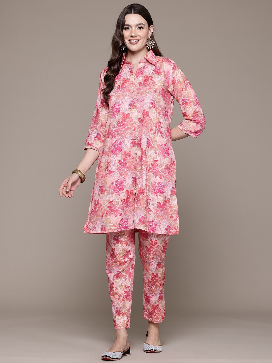 

Readiprint Floral Printed Pure Cotton Tunic With Trousers, Pink