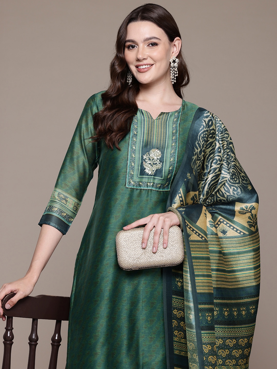 

Readiprint Printed Sequinned Pure Silk Kurta With Trousers & Dupatta, Green