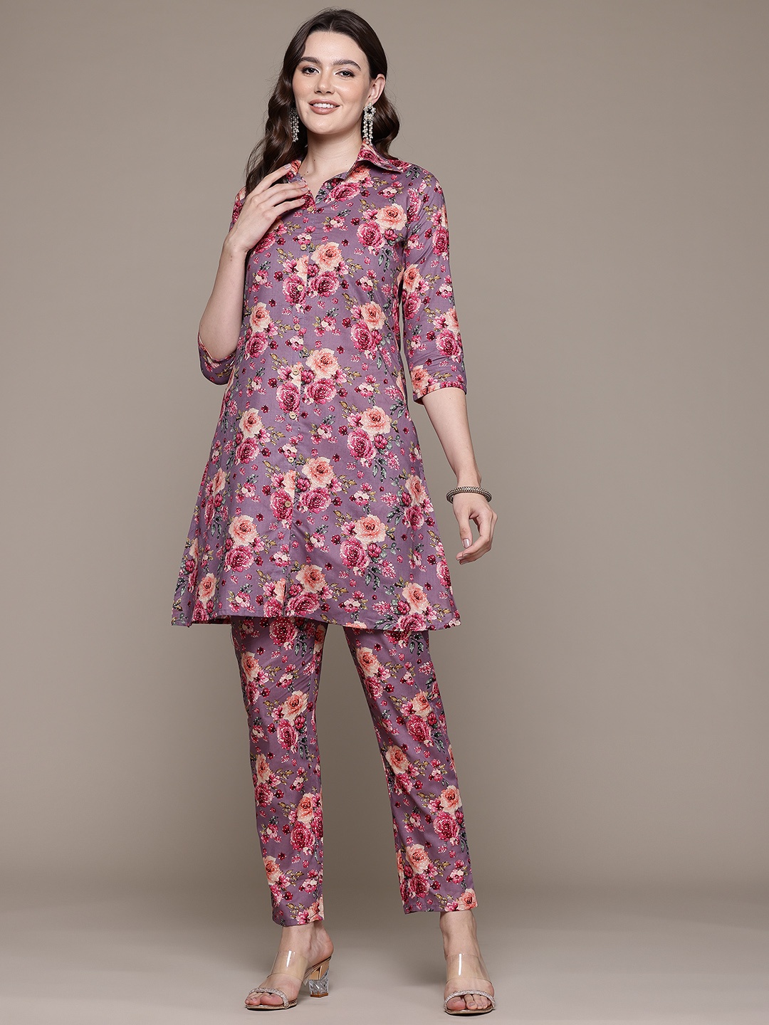 Readiprint Floral Printed Pure Cotton Tunic With Trousers, Purple