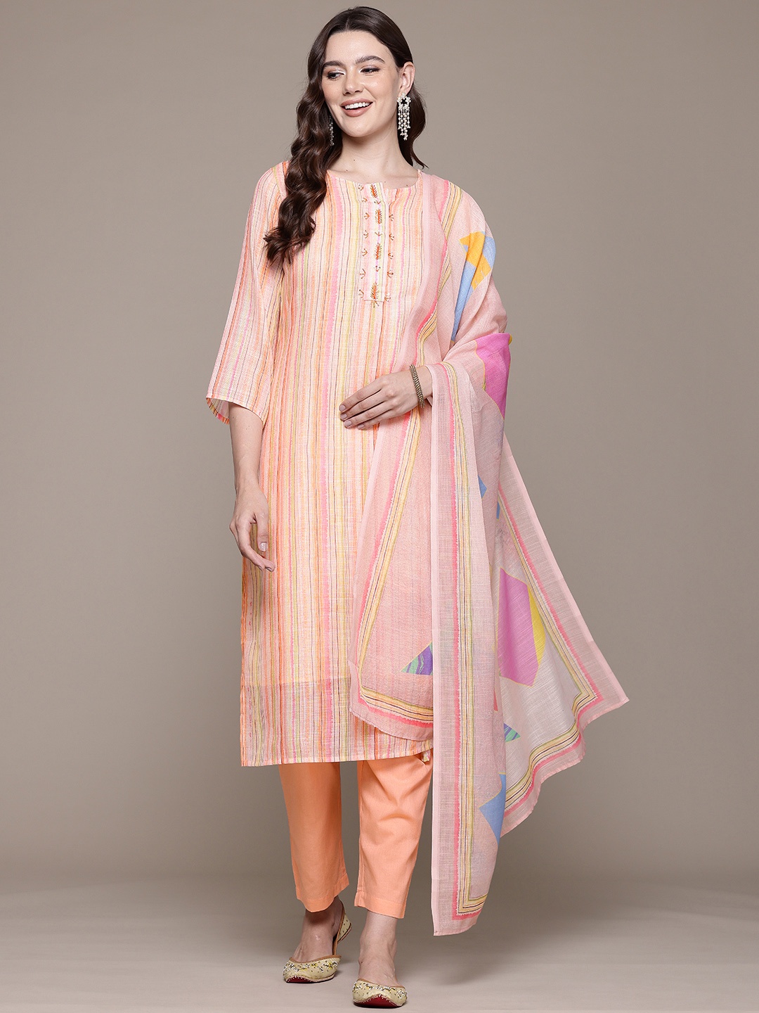 Readiprint Striped Beads & Stones Pure Cotton Kurta With Trousers & Dupatta, Peach