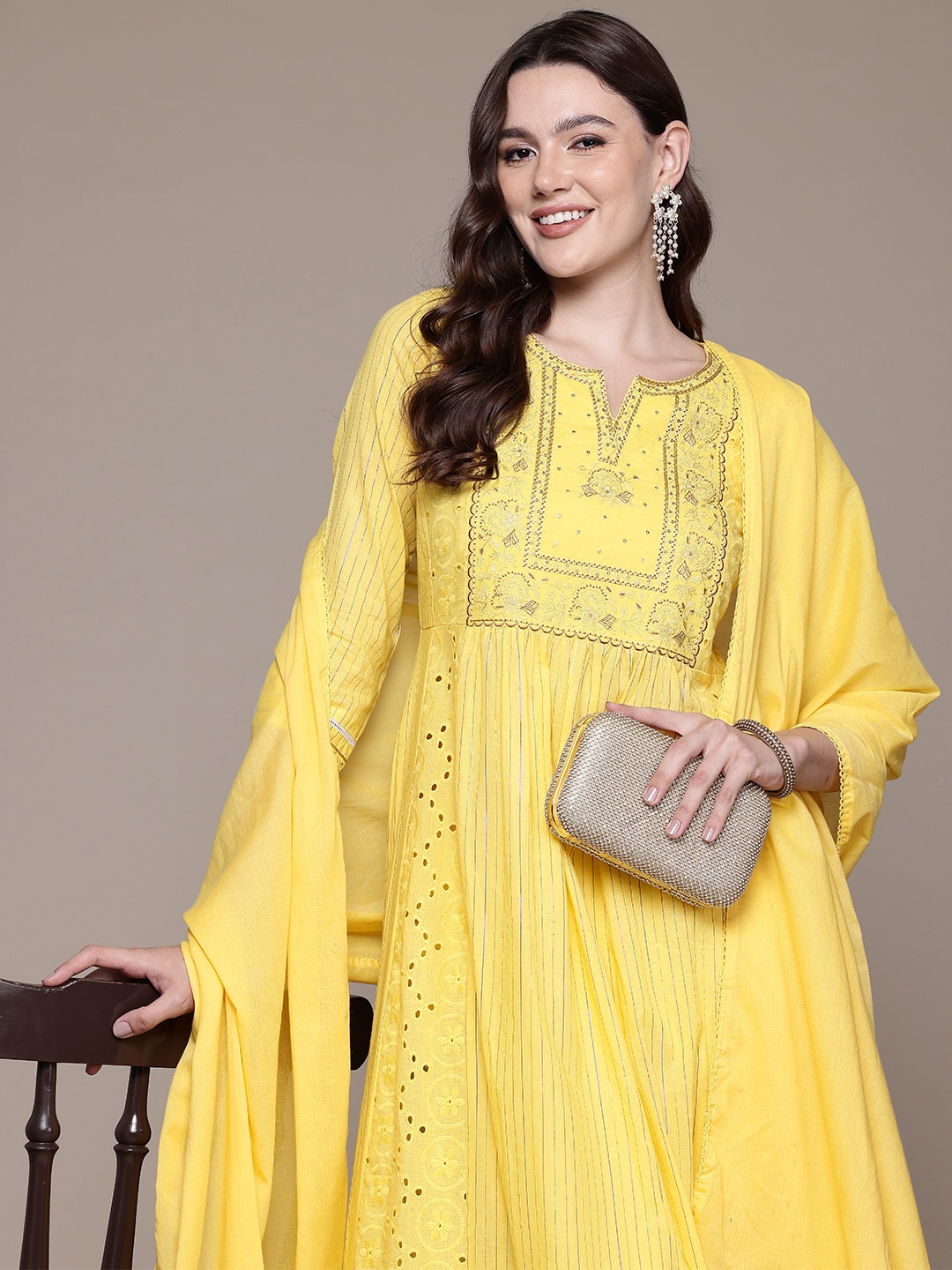 

Readiprint Floral Embroidered Empire Sequinned Pure Cotton Kurta Set, Yellow