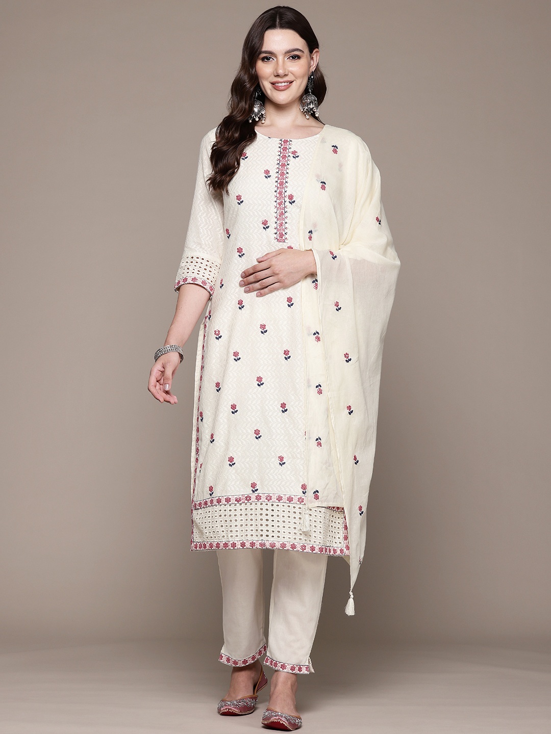 

Readiprint Floral Embroidered Sequinned Pure Cotton Kurta With Trousers & Dupatta, Off white