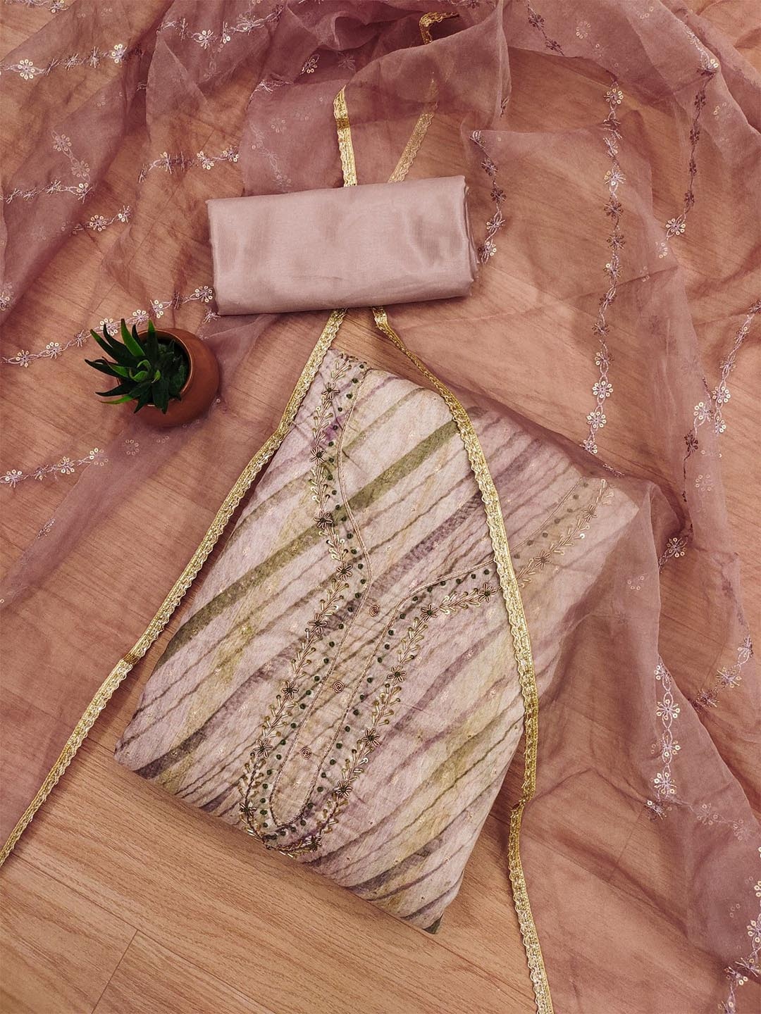 

Panzora Striped Embroidered Unstitched Dress Material, Peach