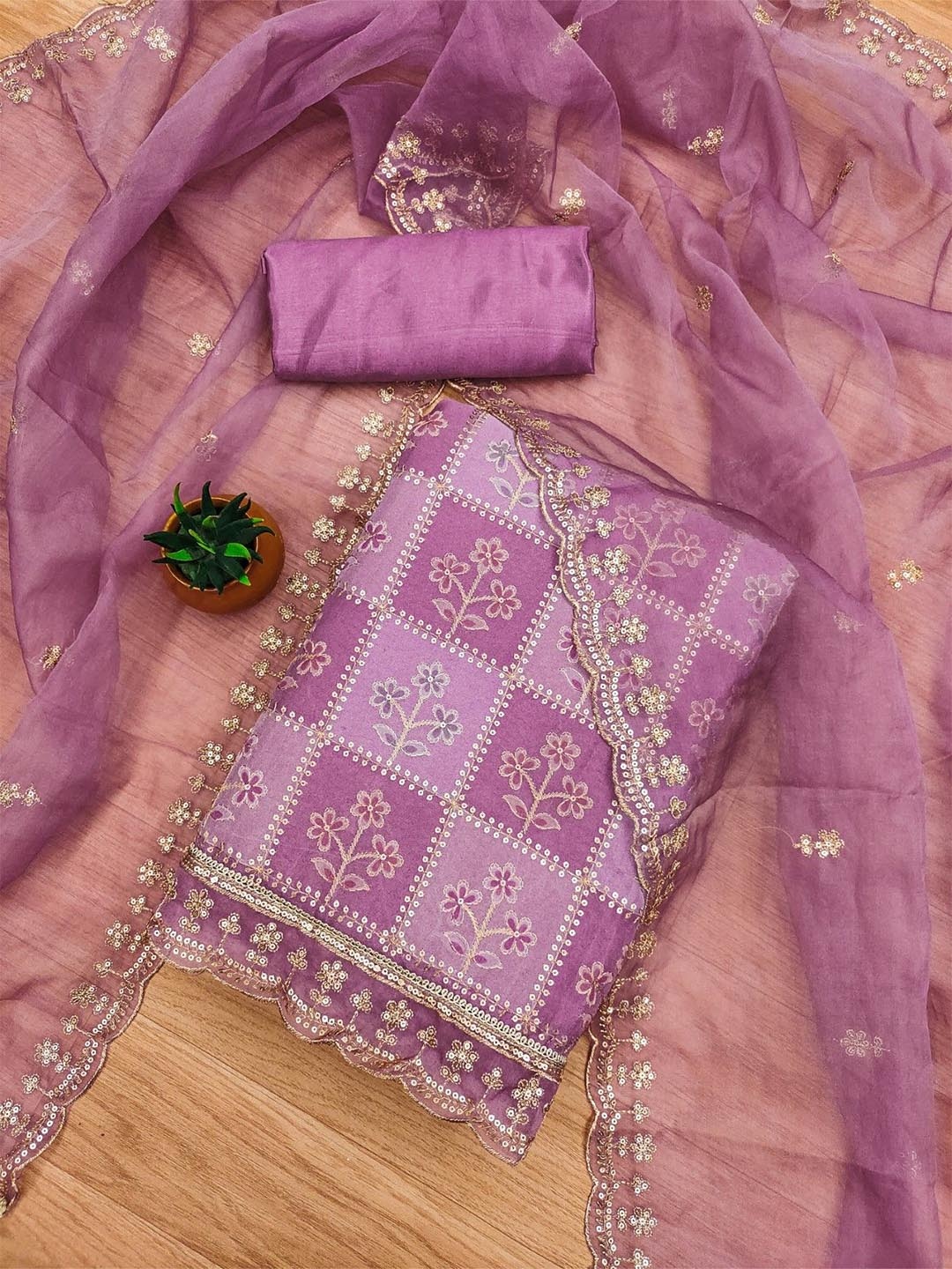 

Panzora Embroidered Organza Unstitched Dress Material, Pink