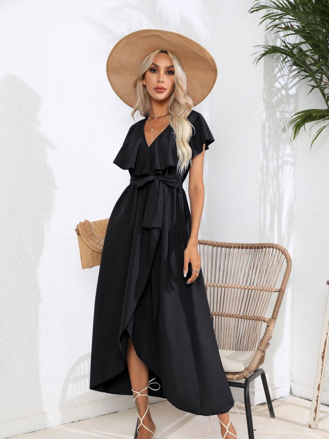 

4WRD by Dressberry Flutter Sleeves Maxi Fit and Flare Dress, Black