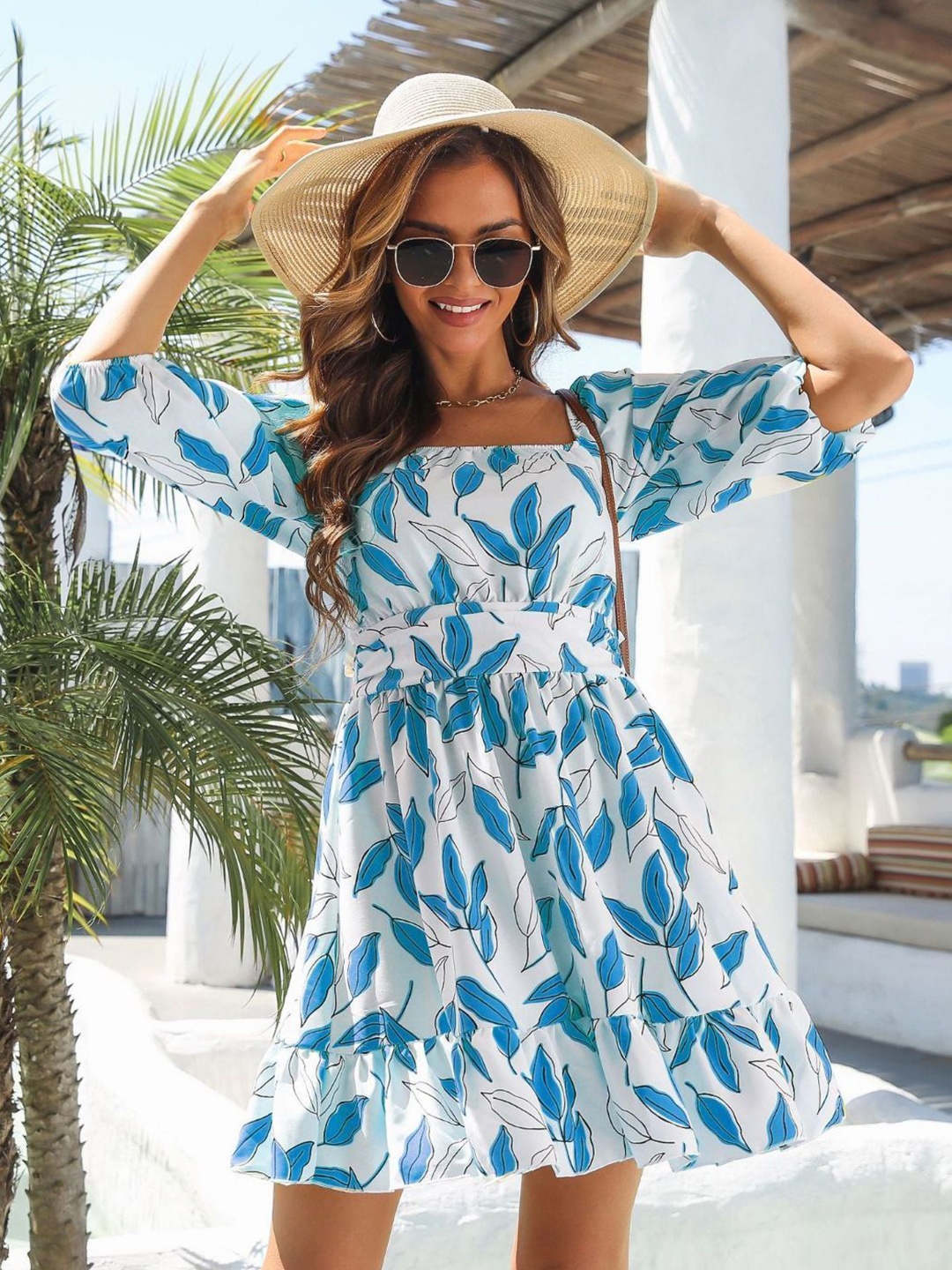 

4WRD by Dressberry Tropical Print Fit & Flare Dress, Blue