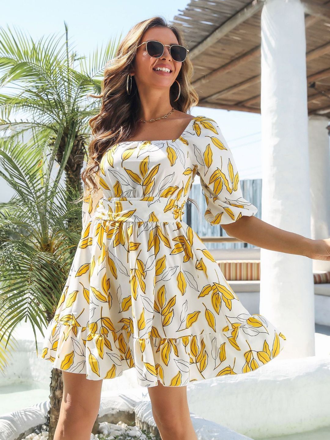 

4WRD by Dressberry Tropical Print Fit & Flare Dress, Yellow