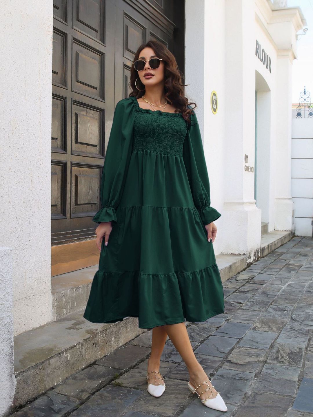 

4WRD by Dressberry Tiered Smocked Detail Fit and Flare Midi Dress, Green