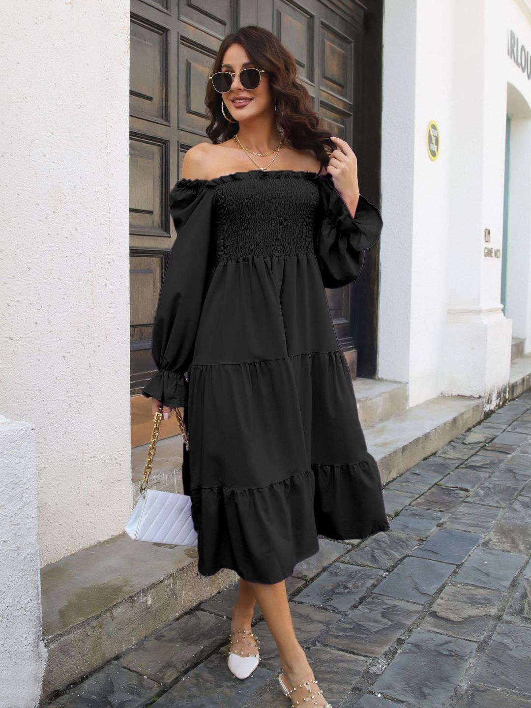 

4WRD by Dressberry Off-Shoulder Fit & Flare Midi Dress, Black