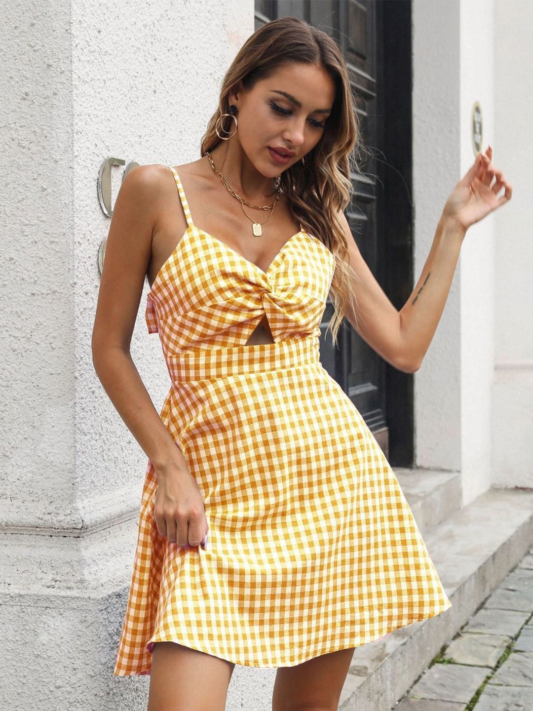 

4WRD by Dressberry Checked Fit & Flare Dress, Yellow