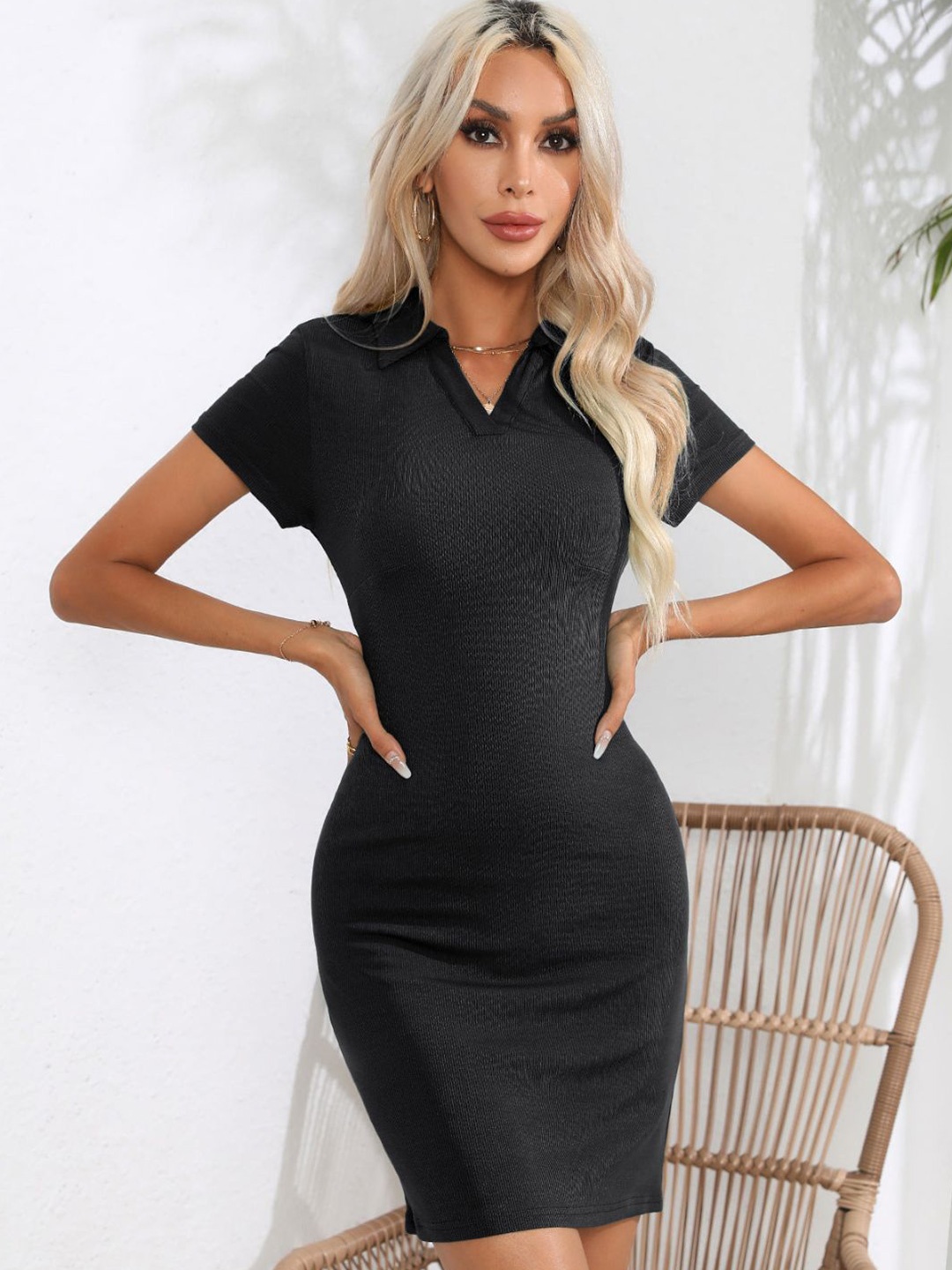 

4WRD by Dressberry Shirt Collar Bodycon Dress, Black