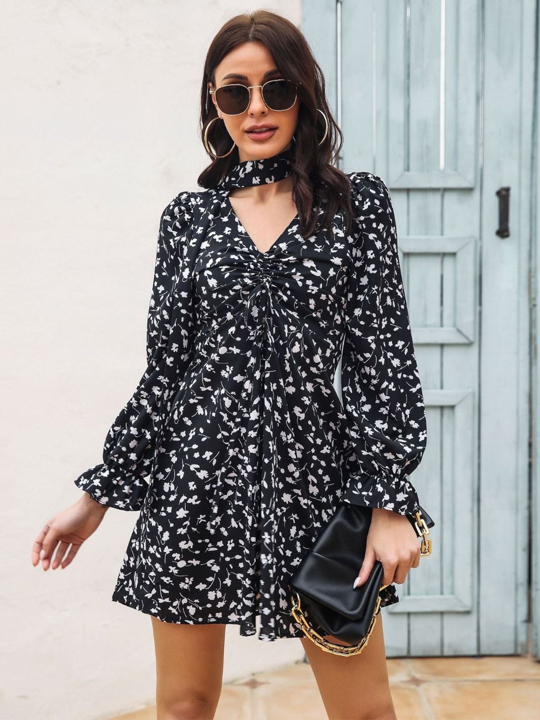 

4WRD by Dressberry Women Print Bell Sleeve Fit & Flare Dress, Black